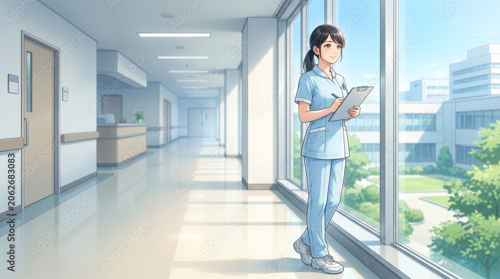 Fototapeta premium 病院の窓辺に立つ看護師を描いたアニメイラストです。 やさしい自然光と清潔感のある医療空間が特徴です。