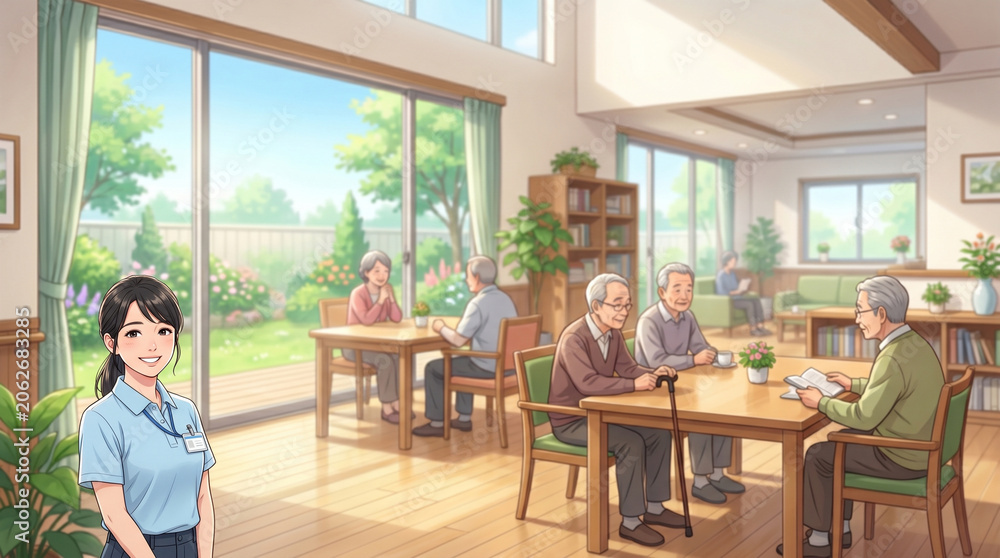 Fototapeta premium 介護施設で優しく微笑む介護士を描いたアニメイラストです。 明るい夏の光と広いコピースペースが特徴です。