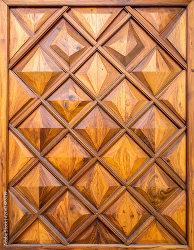 Wooden panel with raised diamond geometric pattern, warm wood tones, and carved details, fills the frame
