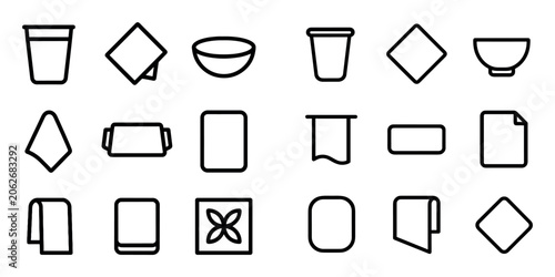 Kitchen and dining vector icons with cup, dishcloth and bowl for mobile app design in clean outline style