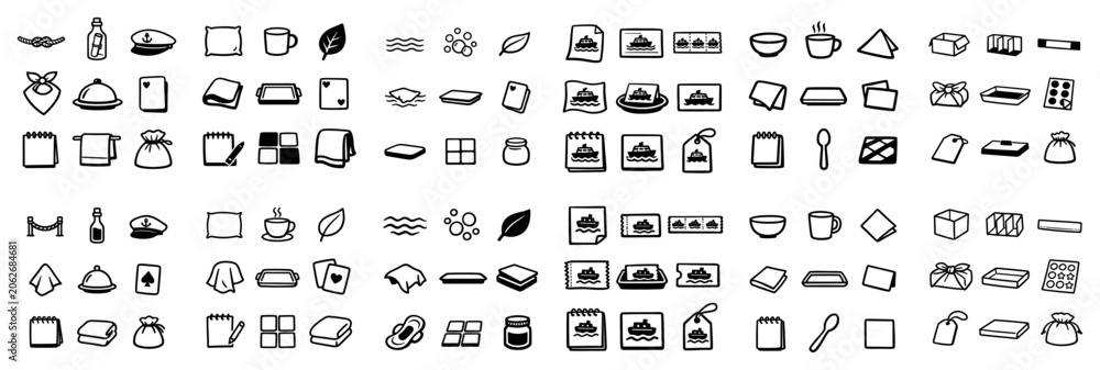Fototapeta premium Food and packaging icon set with plate, cup and box for mobile app design in minimal vector art