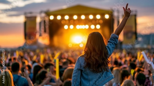 Young Girl Waving Glow Sticks at a Music Concert Under a Beautiful Sunset Sky with Bright Stage Lights