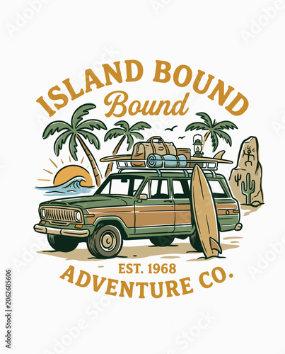 Vintage retro graphic illustration of a green off-road vehicle loaded with surf gear on a tropical beach at sunset featuring palm trees ocean waves and Island Bound Adventure Co text.