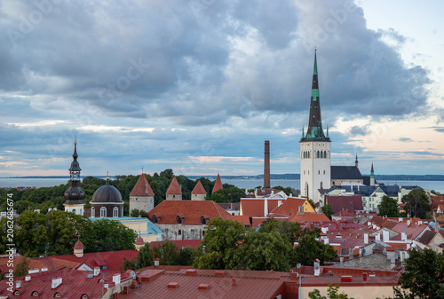 Saint Olaf's Church and Tallinn Old Town Walls at Sunset