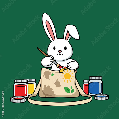 Cute white bunny painting a canvas with colorful paints.