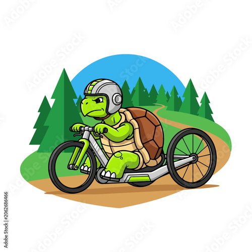 Determined tortoise riding a custom three-wheeled bicycle.