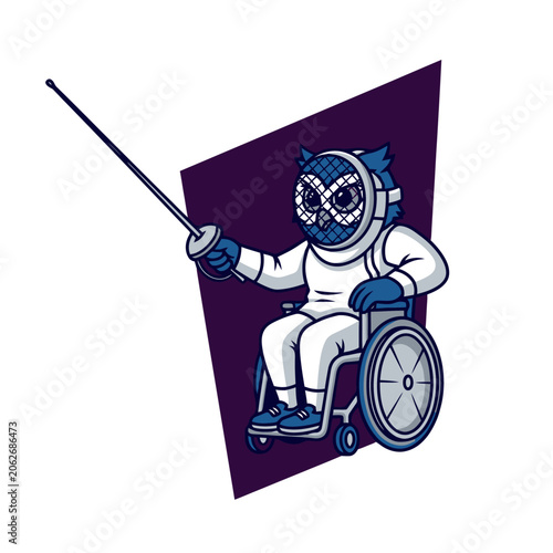 Determined owl in wheelchair fencing, ready for competition.