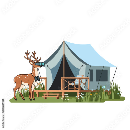 Deer with Binoculars Standing Next to a Glamping Tent in a Grassy Field.