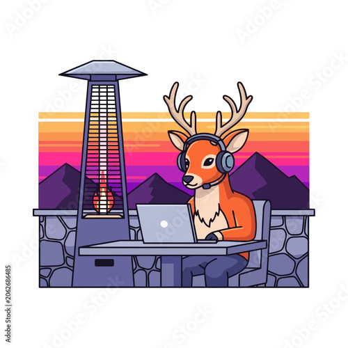 Deer wearing headphones working on laptop outdoors.