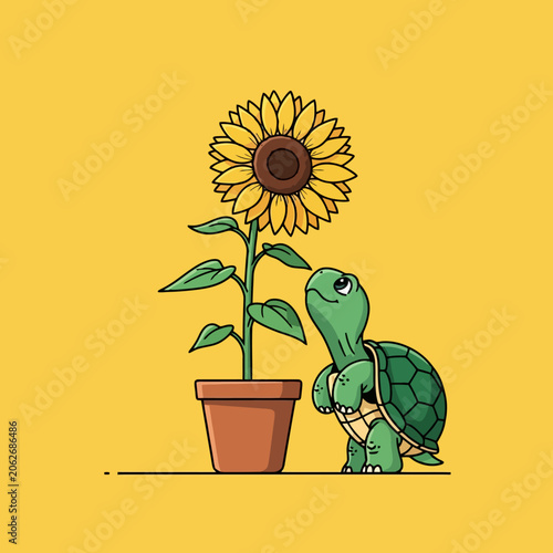 Cute turtle admiring a beautiful sunflower in a pot.