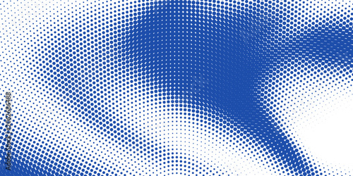 Abstract white background with a blue halftone dot wave. Modern vector template featuring dynamic liquid flowing texture and a creative pop art style design.