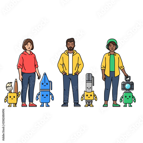 Diverse group of creative individuals with their unique tool-inspired robot companions.
