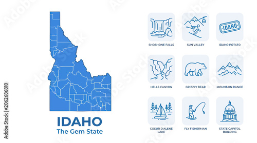 Idaho state map with regional landmark icons and travel symbols