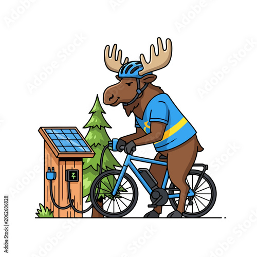 Moose Cyclist Charging Electric Bike with Solar Power.