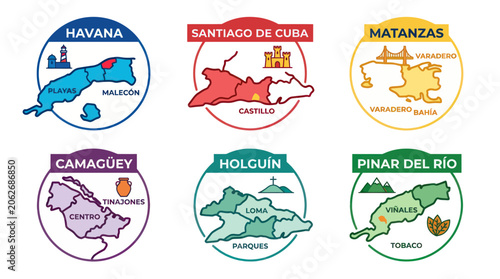 Photography Cuban provincial travel emblems featuring regional maps and icons