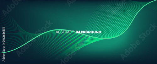 Abstract digital technology background with blue and green network lines. Futuristic cyber mesh illustration featuring a dynamic geometric wave pattern design.