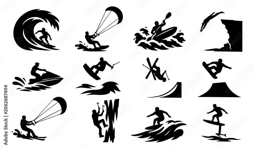 Naklejka premium Water and Snow Extreme Sports Silhouette Icon Set