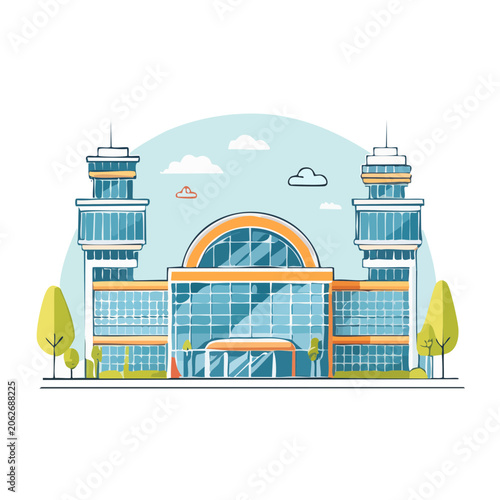 Modern skyscraper with palm trees and arch