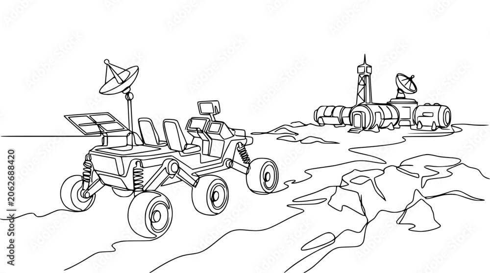 Obraz premium Lunar Rover and Space Station on Alien Planet Surface, Sci-Fi Illustration