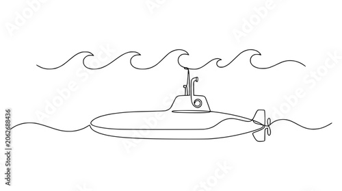 Minimalist line art of a submarine sailing in wavy ocean water, continuous drawing