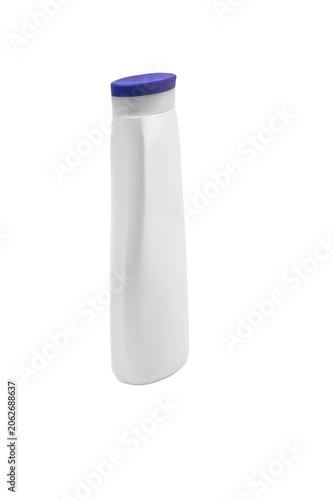 White plastic shampoo bottle with blue cap on transparent background