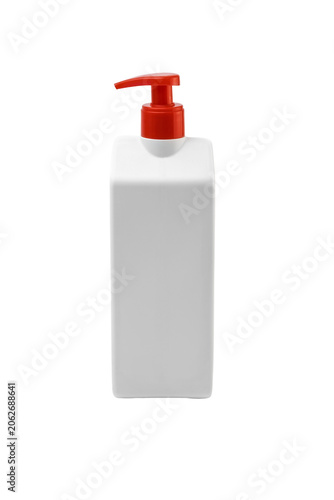Liquid soap dispenser bottle with red pump, transparent background