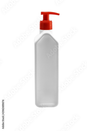White plastic pump bottle for liquid soap, transparent background
