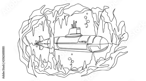 Foto Submarine Navigating Underwater Cave, Single Line Art Drawing