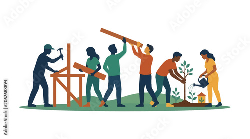 Group of diverse people working together on construction and gardening projects.