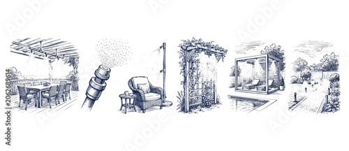 Konstfotografi Patio misting cooling system illustration set showing backyard cooling kits, outdoor garden misters, pergola sprayers, poolside cabana foggers, and hose nozzle in a vintage hand drawn engraving style
