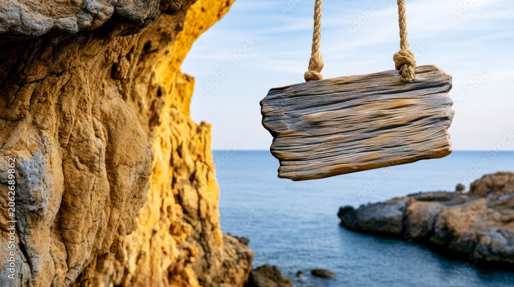 Obraz premium Wooden Signboard Hanging Over Crystal Clear Water with Rocky Cliff in the Background at Sunset