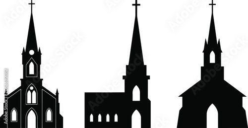 Schilderij op canvas Black Monochromatic Spiritual Landmarks for Faith-Based Media Layouts, Modern Traditional Chapel and Parish Asset Collection, Minimalist Church Clip Art, vector, illustration, silhouette