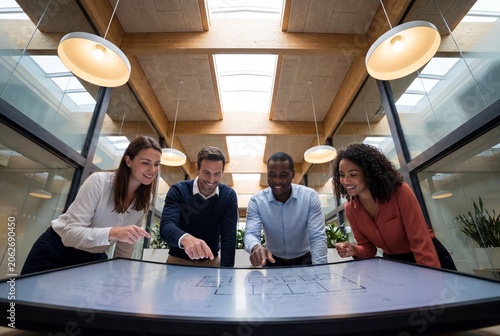 Diverse business professionals collaborating on architectural blueprints displayed on a large interactive touch screen table in a modern office, discussing project plans and design.