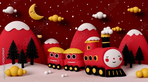 Whimsical Christmas Train Travelling Through Snowy Landscape with Fun Characters and Night Sky Background