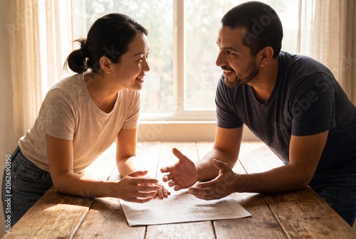 Happy diverse couple discussing home renovation plans, looking at a blueprint on a rustic wooden table indoors with natural light.