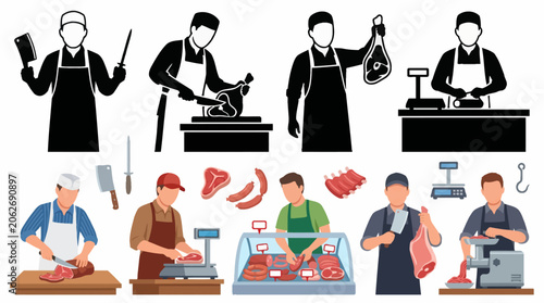 Φωτογραφία Professional vector collection featuring different butcher character poses, cutt