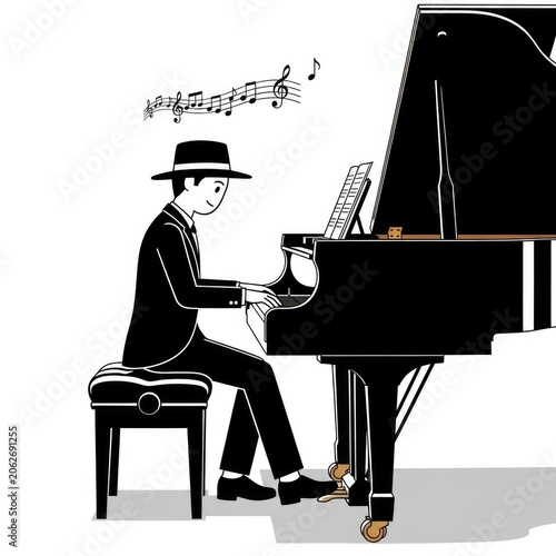 Man playing grand piano music notes.