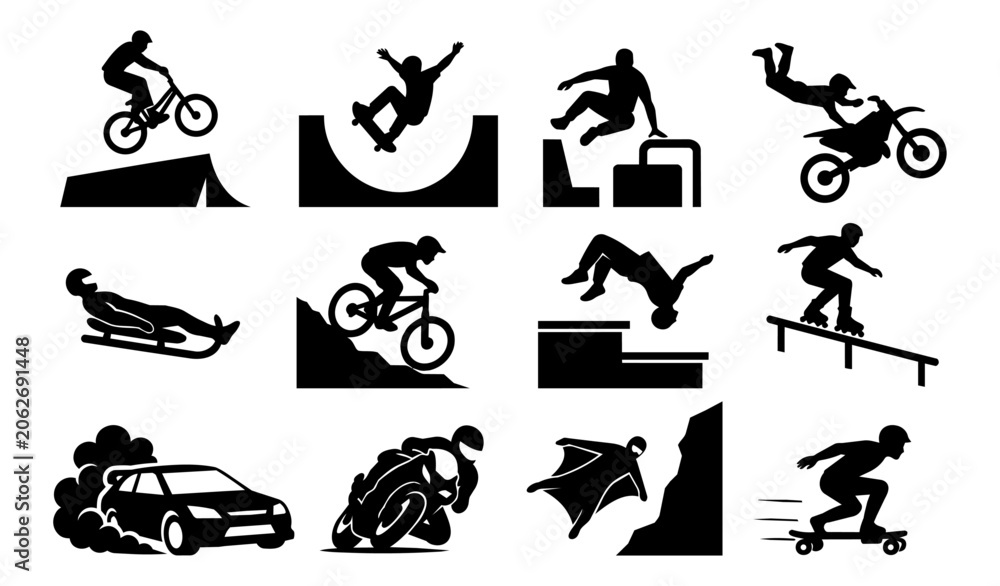 Naklejka premium Urban and Motor Extreme Sports Silhouette Icon Set
