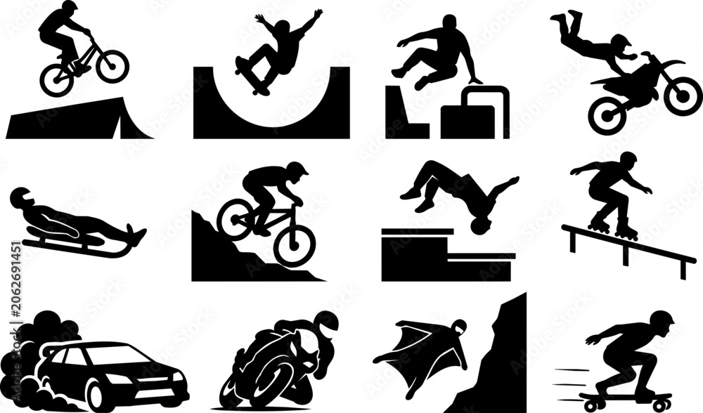 Naklejka premium Urban and Motor Extreme Sports Silhouette Icon Set