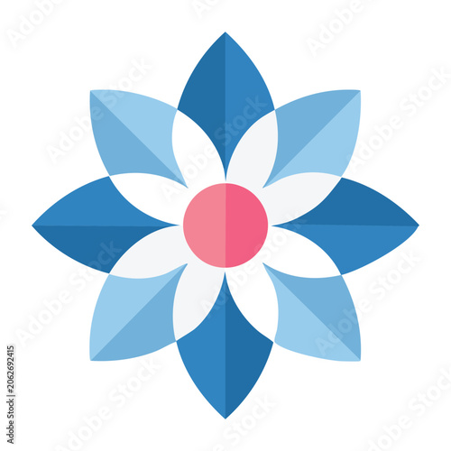 Flat design flower icon with blue petals and red center