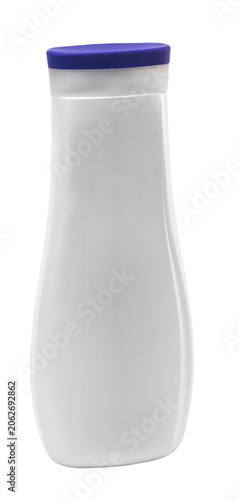 White blank plastic bottle with purple cap, on a transparent background