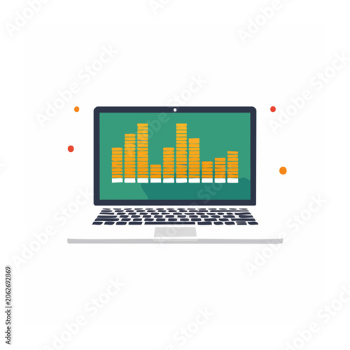 Flat design 3D bar chart on laptop screen