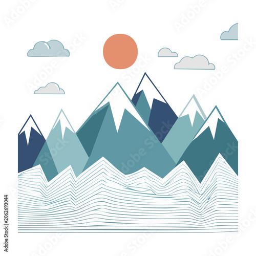Flat design mountain range with sun and clouds