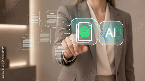 AI document summary and intelligent document processing. Automated document analysis, information extraction and business productivity. Businesswoman reviewing documents with AI assistant