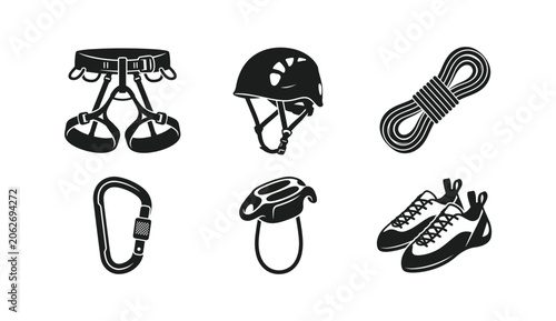 Rock Climbing Equipment Icons with Harness Helmet Rope Carabiner and Shoes