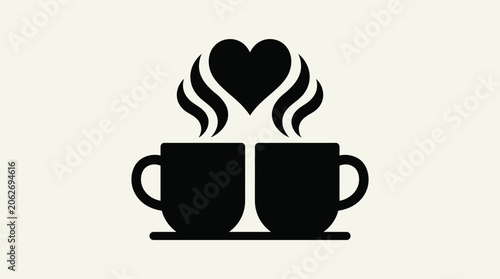 Two Coffee Cups with Heart Shaped Steam Symbolizing Love.
