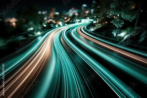 Abstract Highway Light Trails at Night with Cityscape Bokeh in Motion