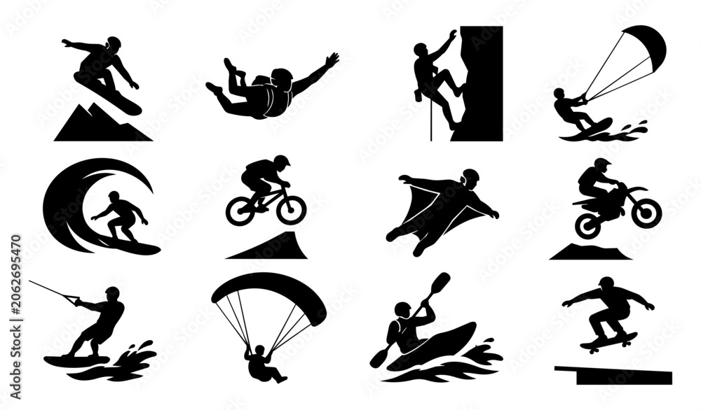 Naklejka premium Simple Extreme Sports Silhouette Icon Set