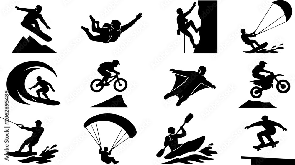 Naklejka premium Simple Extreme Sports Silhouette Icon Set