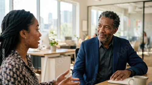 Senior African American businessman listening to a young female colleague during an office meeting